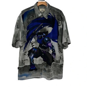 Clench Button Up Shirt‎ Mens XL Gray Blue Ninja Graphic Short Sleeve
